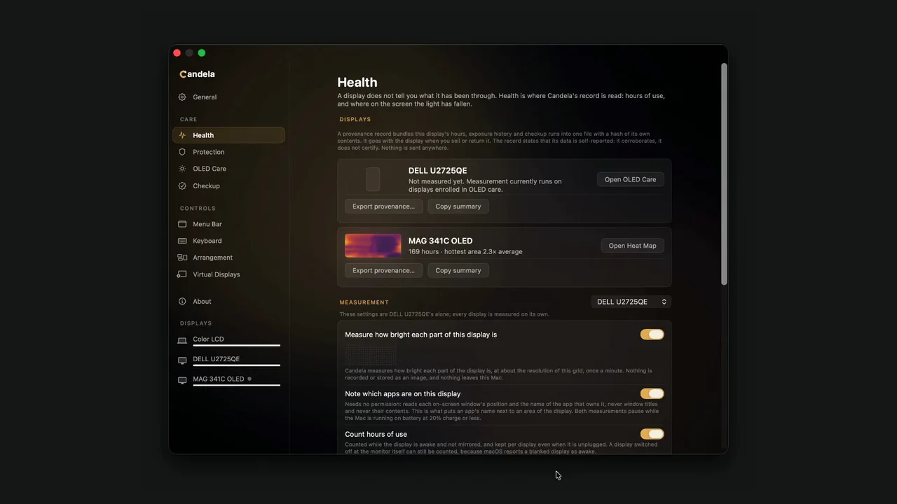 The Health page in motion: both displays with their hours and hottest areas, the provenance export, the measurement switches, and the Heat Map window opening on the live exposure map.