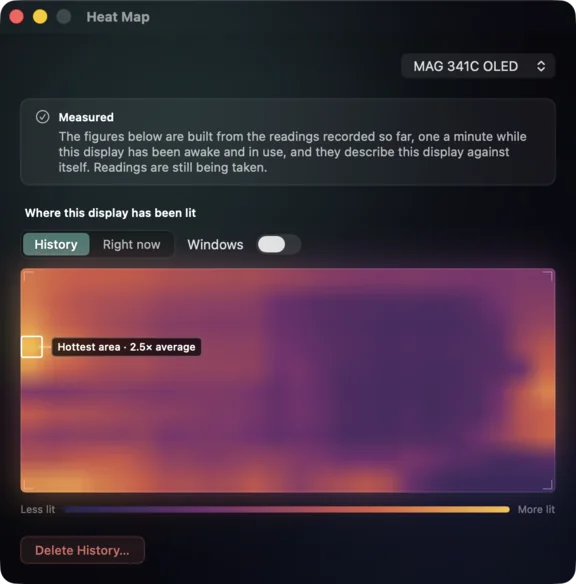 The Heat Map window for the MAG 341C OLED: where the display has been lit, hottest area 2.4 times the average.
