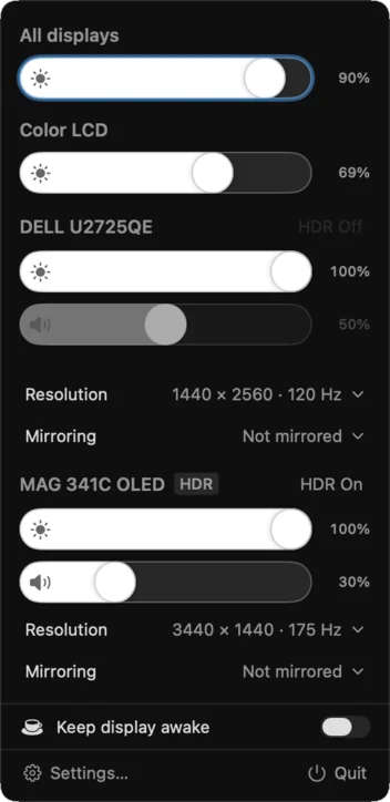 The menu-bar controls: brightness for every display, volume and resolution per display, keep display awake.
